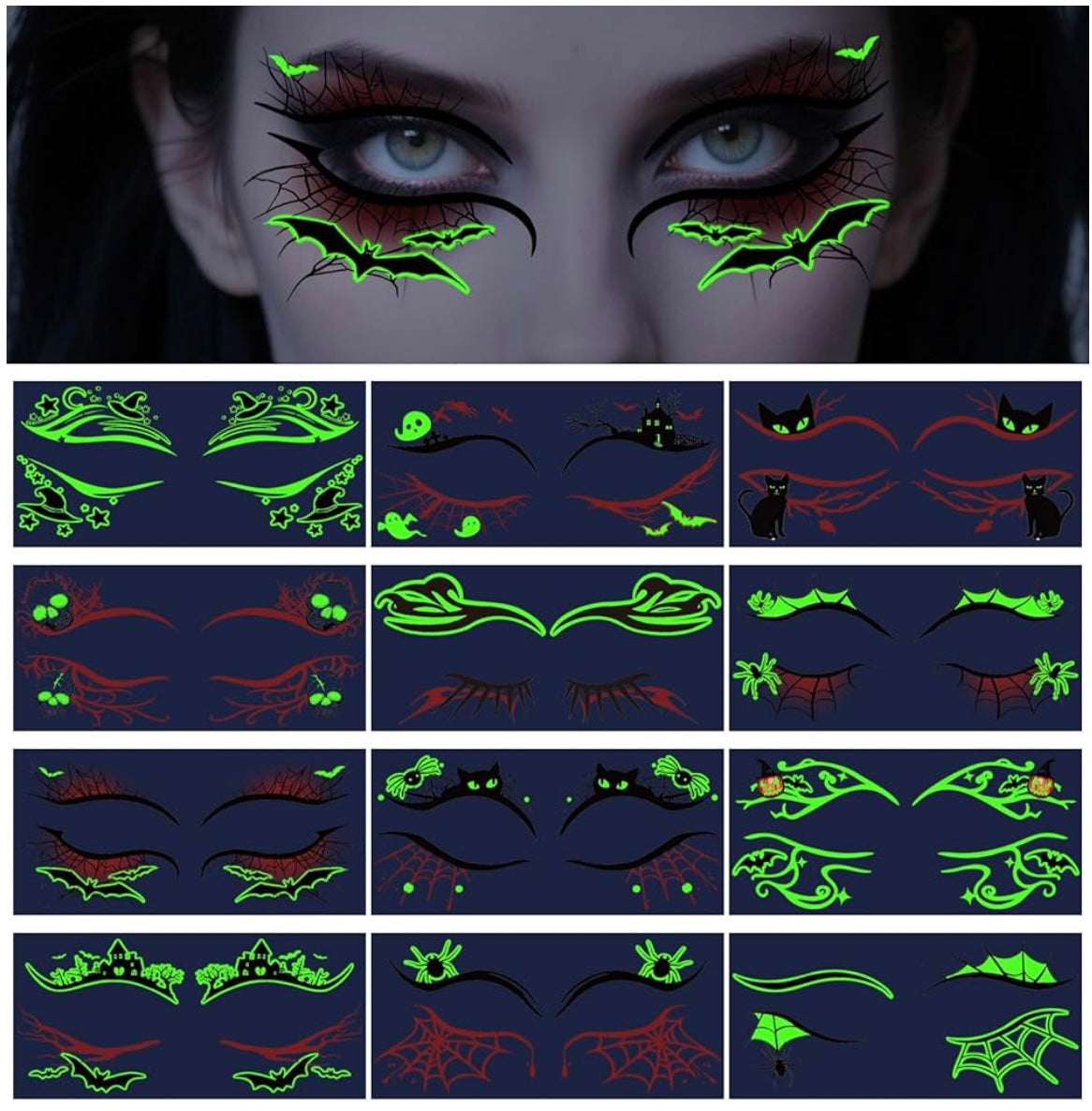 Glow in the dark temporary face tattoos (set of two pairs)