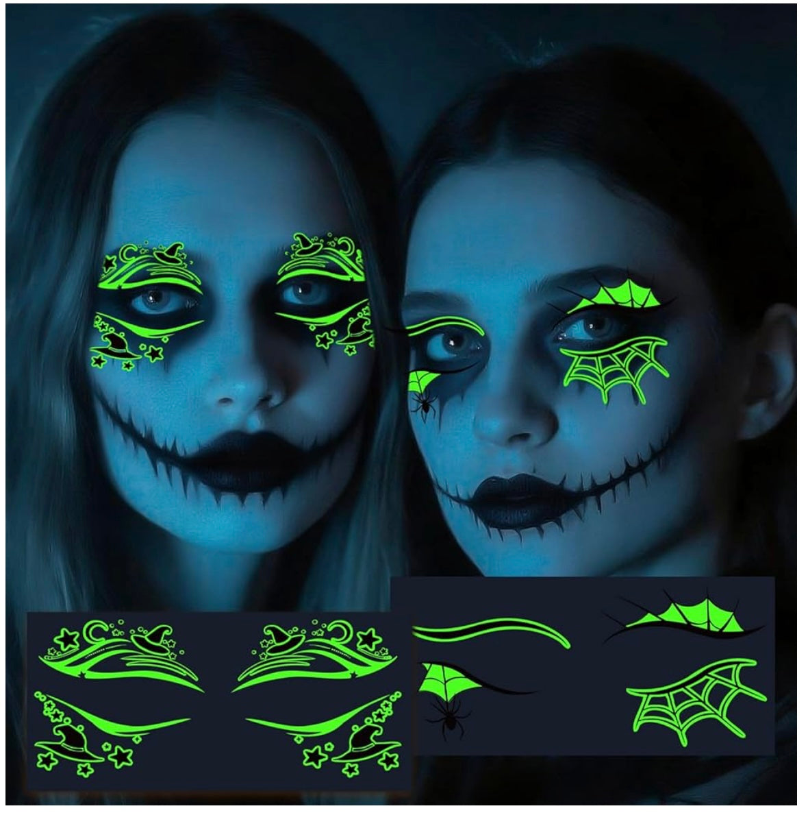 Glow in the dark temporary face tattoos (set of two pairs)