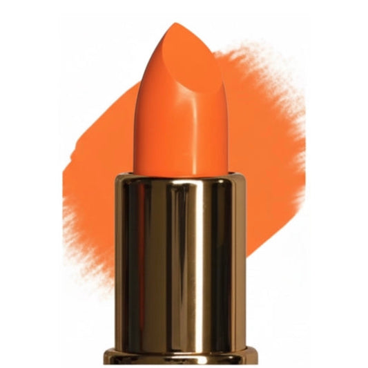 Orange lipstick with a gold tube on a white background