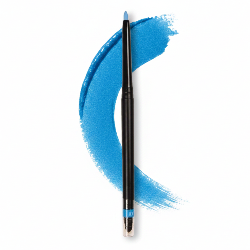 Black eyeliner pencil with blue color swatch on a white background